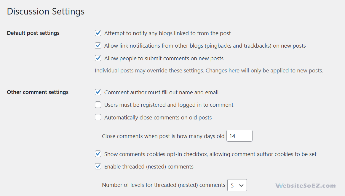 WordPress Default article settings