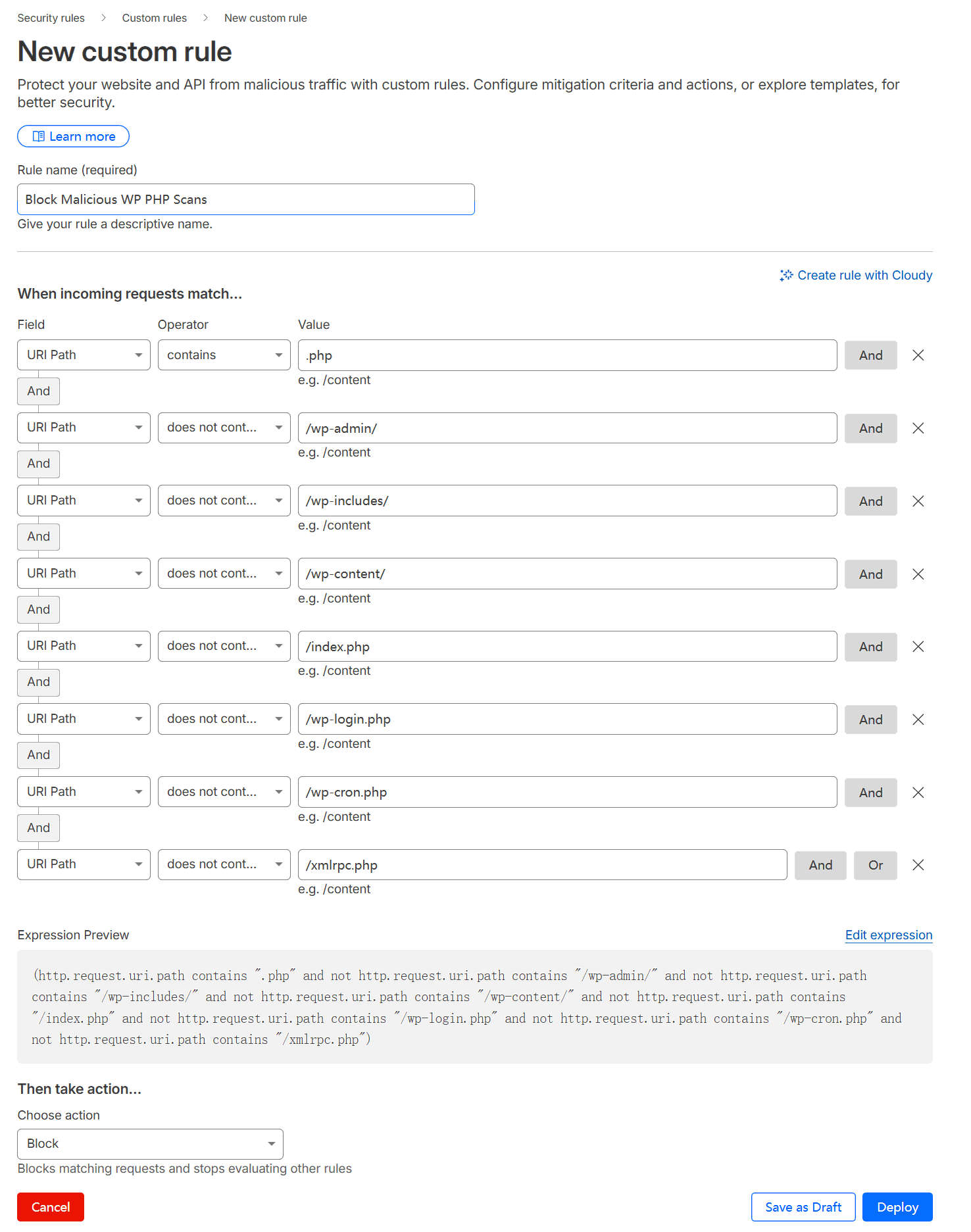 Cloudflare WAF custom blocking rules
